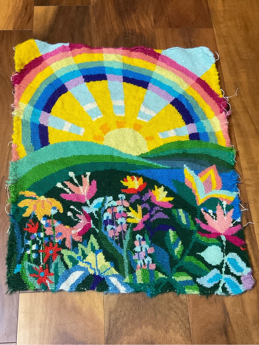 Vintage 70s Colorful Rainbow Needlepoint Wall Art Flower Meadow Tapestry 15x19